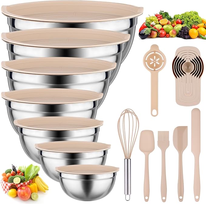 Mixing Bowls with Lids set - 26 PCS Stainless Steel Nesting Khaki Mixing Bowls Set for Baking,Mixing,Serving & Prepping,Size 5, 3.7, 2.8, 2.3, 1.7, 1.1, 0.7QT,12 Cooking Utensils