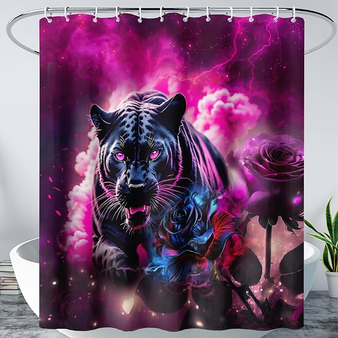 AILONEN 3D Black Panther Shower Curtain for Bathroom,Romantic Rose Smoky Leopard Printed Bath Curtain,Wildlife Cheetah Decoration Shower Curtain Waterproof 72" W*78" H