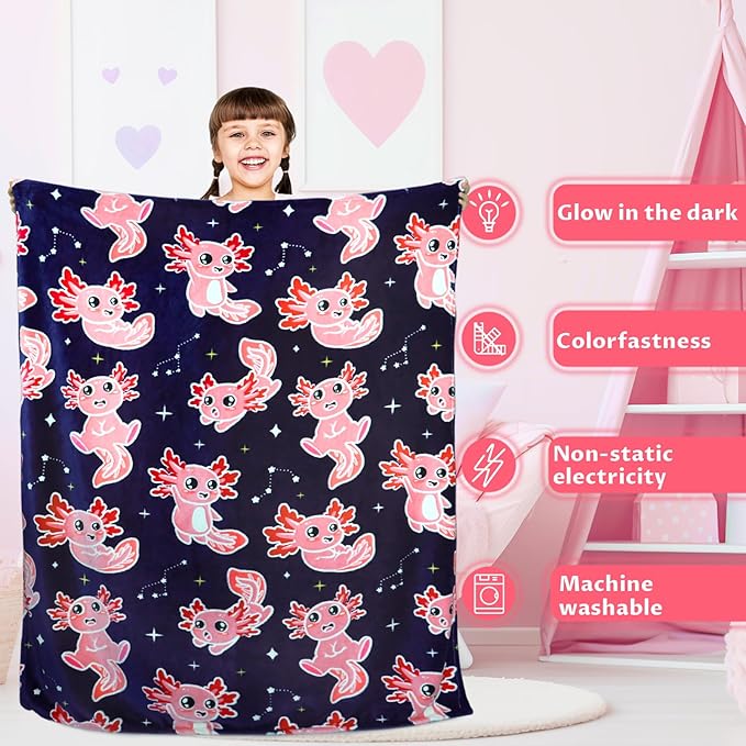 Axolotl Blanket Glow in The Dark Blanket Pink Axolotl Plush Cute Blanket for Girls Axolotl Gifts Birthday Decorations 40"x50"