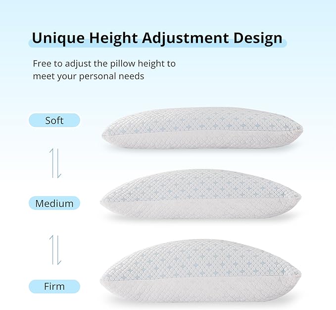 Shredded Memory Foam Pillows for Hot Sleepers, Cooling Adjustable Bed Pillows for Side, Back or Stomach Sleepers, Neck Pillows for Sleeping, Queen Pillow with Removable Cover (2 Pack, Cooling)