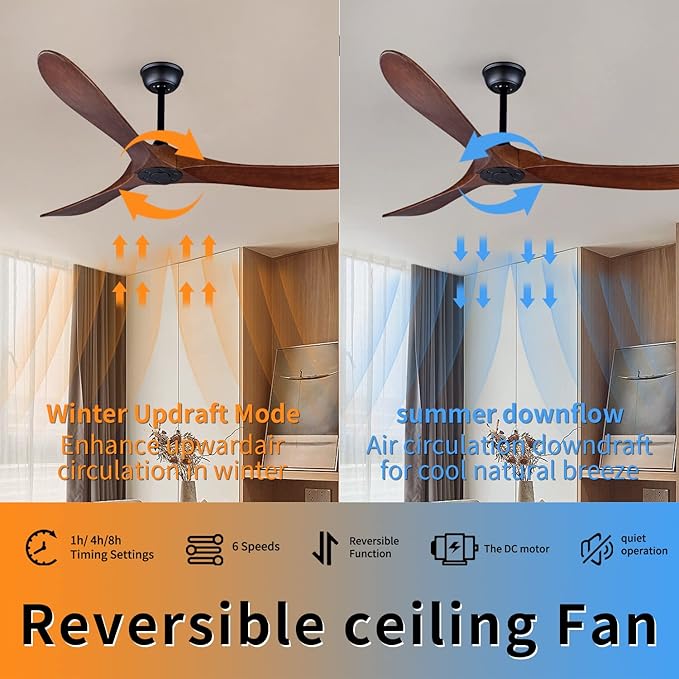 Bigzone 60" Outdoor Ceiling Fan Without Light, Energy Efficient DC Motor, 3 Solid Wood Blades, Wood Ceiling Fan with Remote Control, Reversible Blades