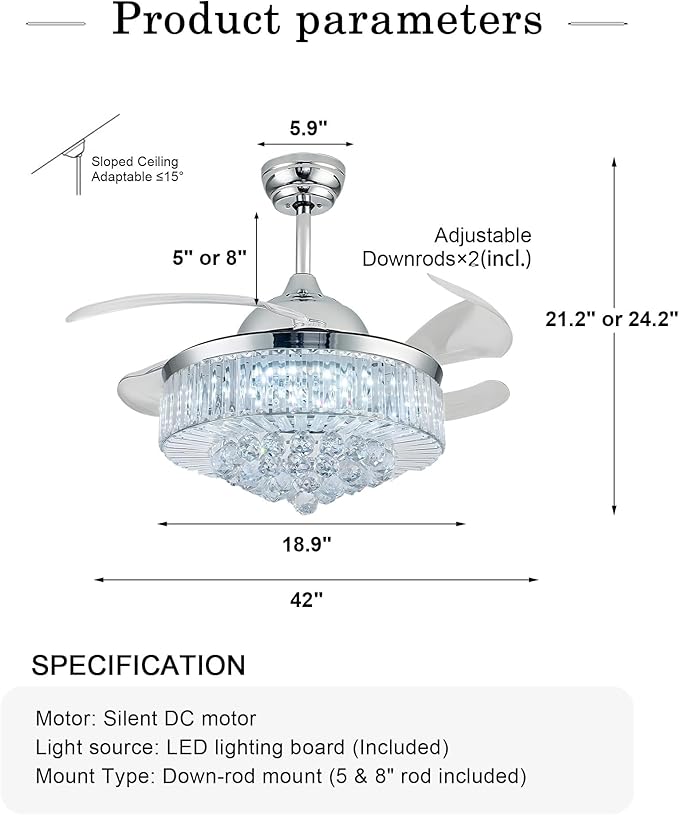 42'' Crystal Chandelier Fan Fandelier Retractable Ceiling Fans with Light and Remote, Invisible Fandelier Ceiling Fan with Light for Bedroom (Crystal-Silver)