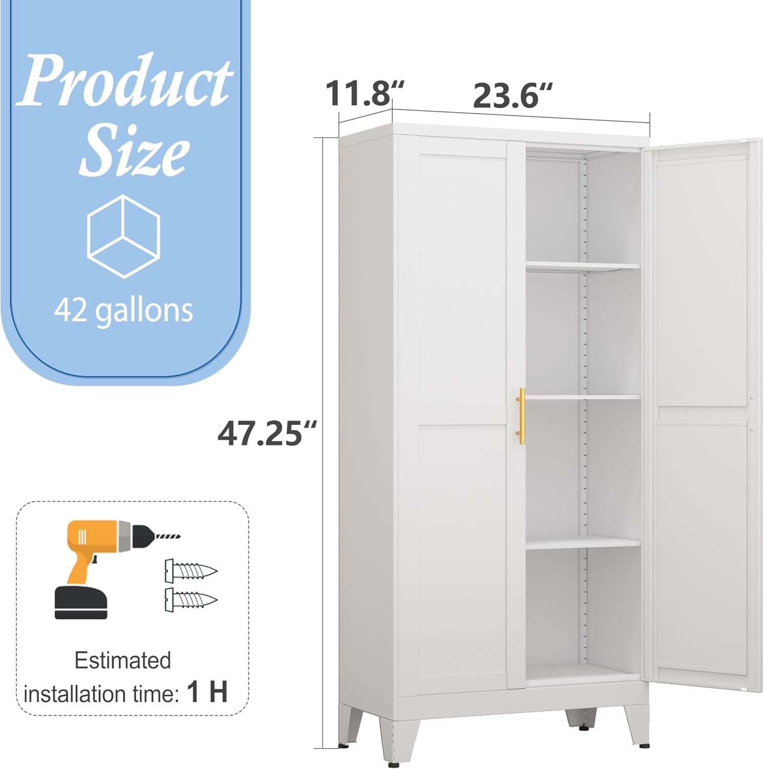 White Metal Storage Cabinet, 48" Steel Cabinets for Home Office, Kitchen Pantry Storage Cabinet with Doors and 3 Adjustable Shelves, for Office, Home, Garage, School
