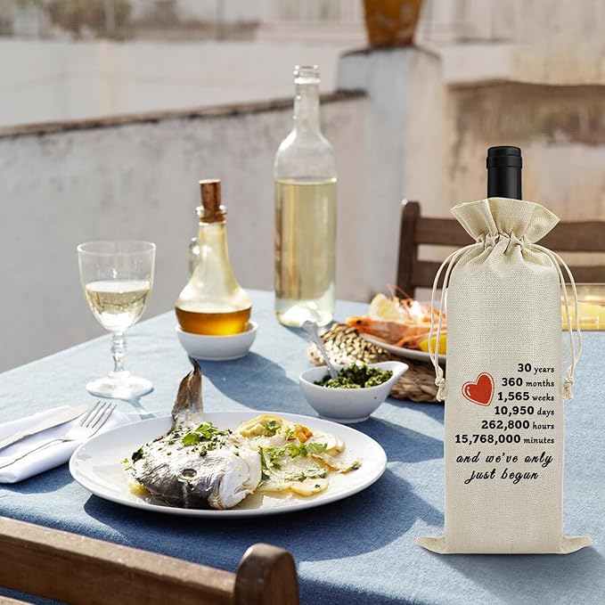 30th Anniversary Wedding Gift for Wife Husband Wine Bag 30th Years of Marriage Gift for Women Men Burlap Wine Wrapping Bag Valentine Christmas Thanksgiving Gifts for Couples Wine Gift Bag