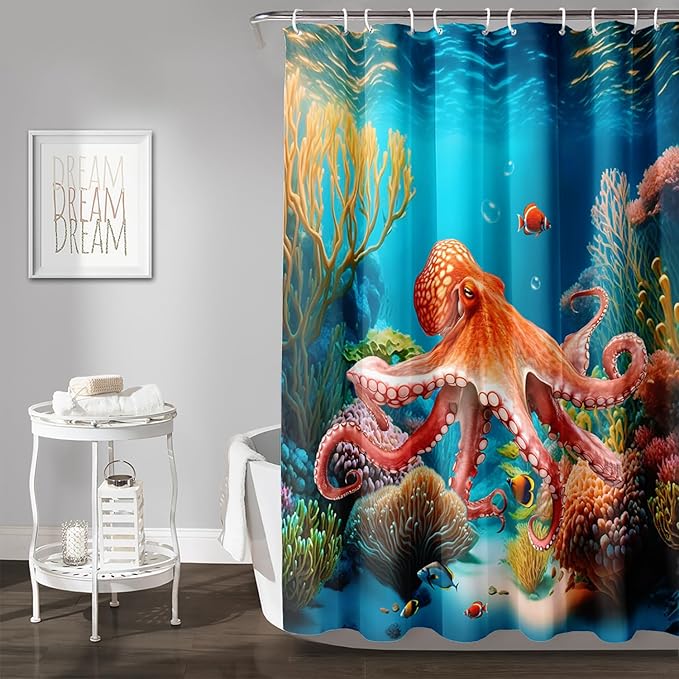 AILONEN Kawaii Octopus Shower Curtain,3D Octopus Turquoise Themed Bath Curtain Cloth Fabric Bathroom 72" W*72" H Inch,12 Pack Hooks for Kids Child,Boho Mandala Ocean Theme Bathroom Curtain
