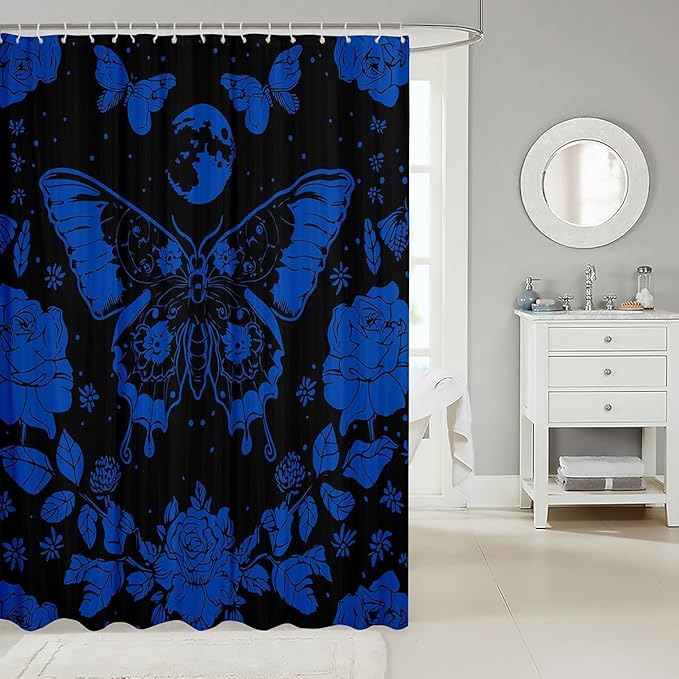 Feelyou Blue Butterfly Fabric Shower Curtain Cover Botanical Floral Shower Curtain for Kids Boys Girls Butterflies Bathroom Waterproof Accessories with 12 Hooks Flying Curtains,72x78 Inches