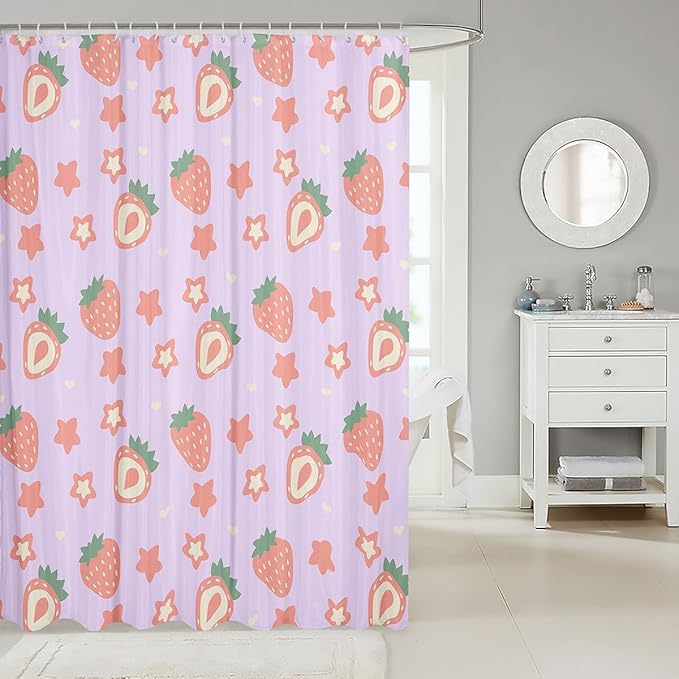 Feelyou Purple Strawberry Bathroom Waterproof Accessories with 12 Hooks Kawaii Fruit Shower Curtain for Kids Boys Girls Cute Stars Strawberry Fabric Shower Curtain Kawaii Lovely Curtains,72x84 Inches