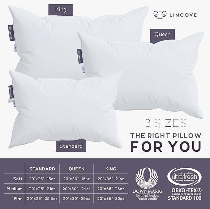 Lincove 100% European Down Venus Pillow – German Down 600 Fill Power, 400 Thread Count Shell, Made in Canada, | Luxe Collection, King - Medium