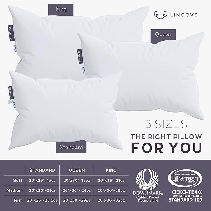 Lincove 100% European Down Venus Pillow – German Down 600 Fill Power, 400 Thread Count Shell, Made in Canada, | Luxe Collection, 22"x22"