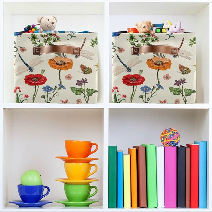 Spring Flowers Herbs Dragonfly Storage Basket Fabric Laundry Baskets Sunflower Lavender Daisy Storage Boxes Organizer Bag for Baby Cloth Dog Toy Book Storage Cubes Shelf Closet Bins 16x12x8 Inches
