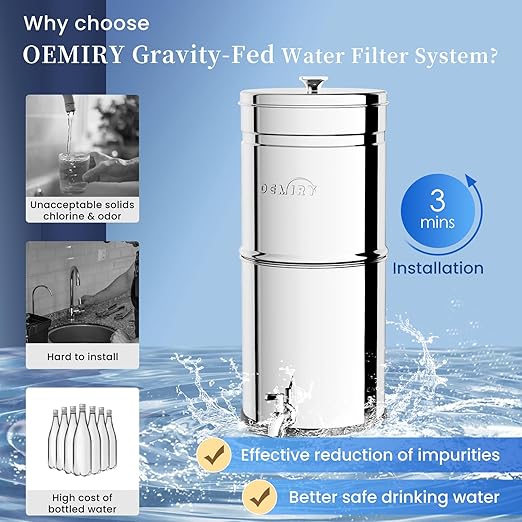 2.25G Gravity-Fed Water Filter System, NSF/ANSI Standard, 304 Stainless Steel System with 2 Carbon Filters, 2 Fluoride Filters and Stand, Reduce 99% Chlorine, Lead and Fluoride