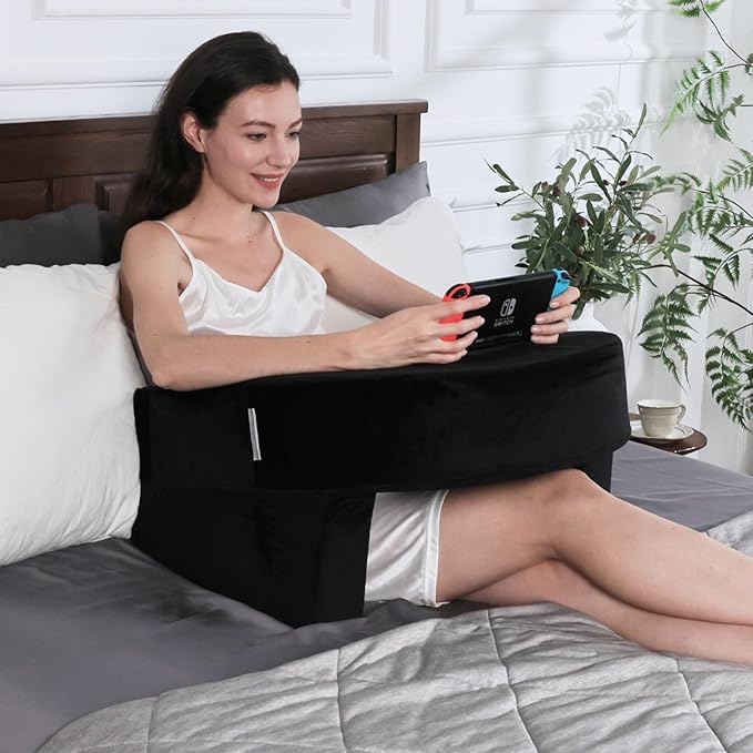 Weighted Idea Reading Pillow for Gaming, Extra Large Arm Rest Pillow for Adult，Lap Desk Pillow Gaming Pillow with 2 Side Pockets for Gaming, Reading, Working Sitting in Bed Floor Sofa (Black)