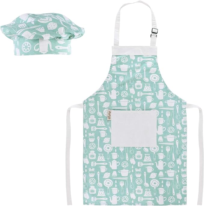 Kids Apron and Chef Hat Set-Adjustable Child Apron for Boys and Girls for Cooking Baking