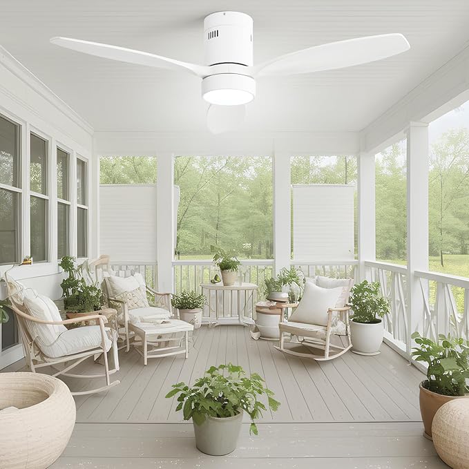 Sofucor 52 Inch Low Profile Ceiling Fan with Lights Remote Control Wood Blades Reversible DC Motor Modern Ceiling Fan for Kitchen, Bedroom, Basement, Dining, Living Room, White wood