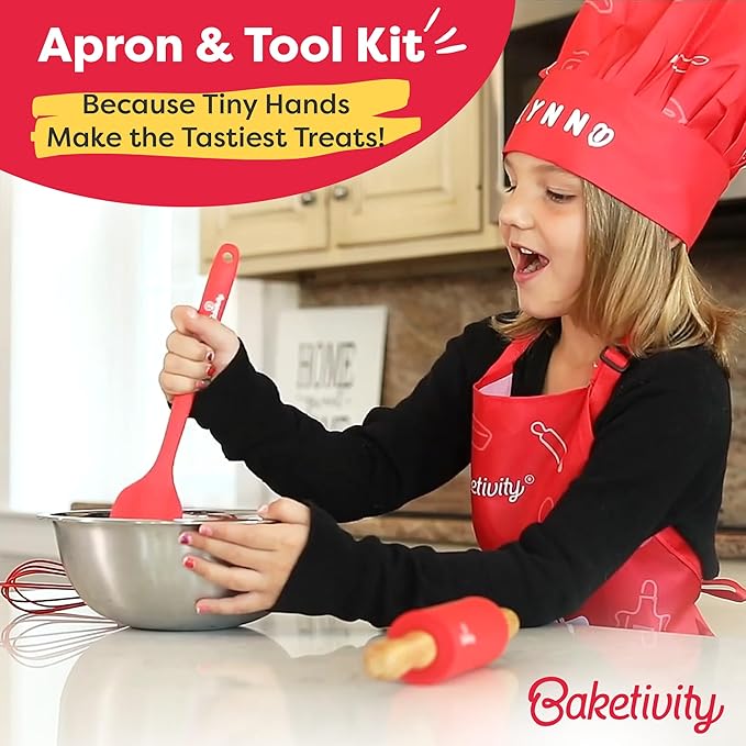 Baketivity Kids Chef Hat and Apron Set for Boys & Girls - One Size Fits All (Adjustable) - Premium, Washable Kids Apron and Chef Hat Set for Cooking - Young Chefs & Junior Bakers Chef Outfit for Kids