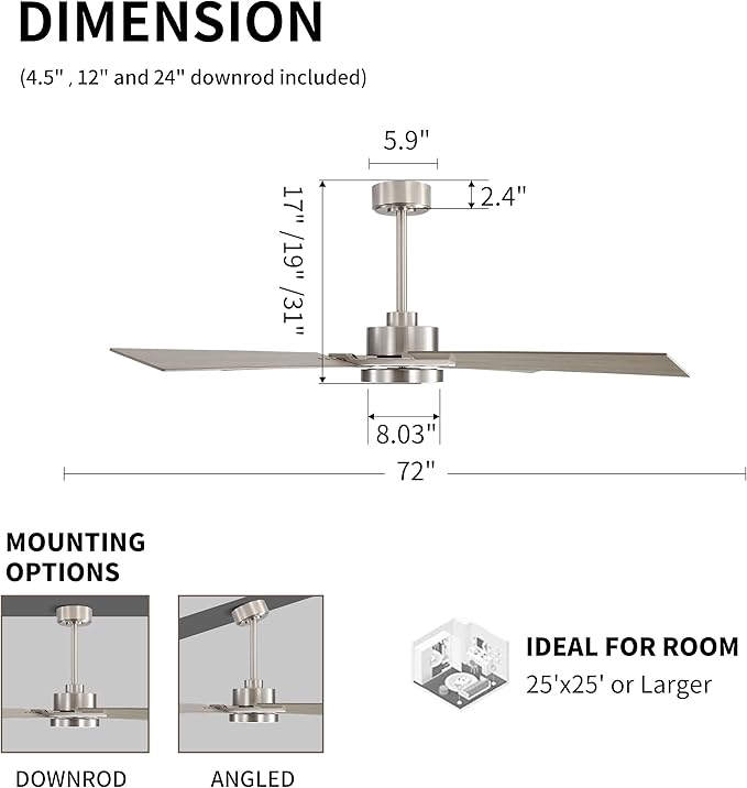 WINGBO 72 Inch DC Ceiling Fan with Lights and Remote, 4 Plywood Blades, 6-Speed Reversible DC Motor, Dimmable, 3CCT, Farmhouse Large Ceiling Fan for Bedroom Living Room Patio, Brushed Nickel and Gray