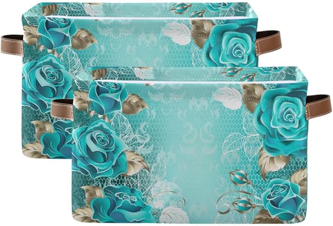 Wamika Turquoise Blue Green Rose Storage Basket Fabric Laundry Baskets Spring Flowers Leaves Storage Boxes Organizer Bag for Baby Cloth Dog Toy Book Storage Cubes Shelf Closet Bins 16x12x8 Inches