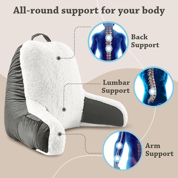 LOVTEX Reading Pillow with Removable Cover, Back Pillow for Sitting Up in Bed with Arms and Pockets, Sherpa Bed Rest Pillow Adult, 20 x 15 Inches(Dark Grey and White)