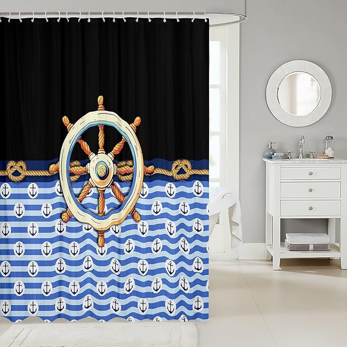 Feelyou Anchor Decor Shower Curtain 72"x84" Kids Nautical Bathroom Shower Curtain Set for Boys Girls Teens Black Blue Bath Curtain Marine Theme Compass Print Bathroom Accessories