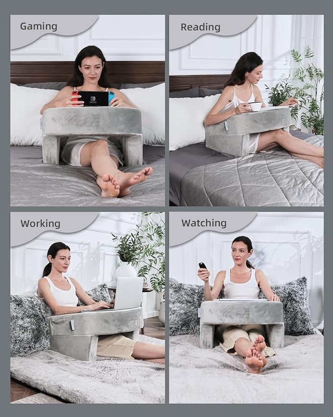 Weighted Idea Reading Pillow for Gaming, Meduim Gaming Pillow for Adult，Table Pillow with 2 Side Pockets for Gaming, Reading, Working Sitting in Bed Floor Sofa (Grey)