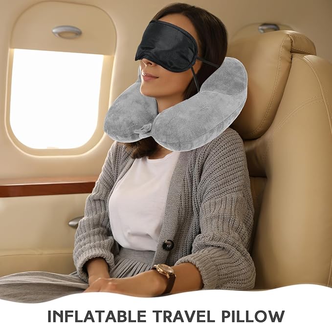 Sintuff 2 Pack Inflatable Travel Pillow for Airplanes Inflatable Neck Pillows with Compact Bag and Blindfold Soft Flight Pillow for Traveling, Airplane, Train, Car, Office(Gray)