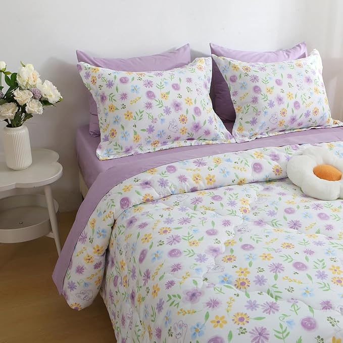 Wajade Floral Comforter Set Bed in A Bag Queen Size 7 Piece Purple Flower Green Leaves Rabbits Bedding Set for Girls (1 Comforter, 1 Flat Sheet, 1 Fitted Sheet, 2 Pillowcase and 2 Pillow Sham)
