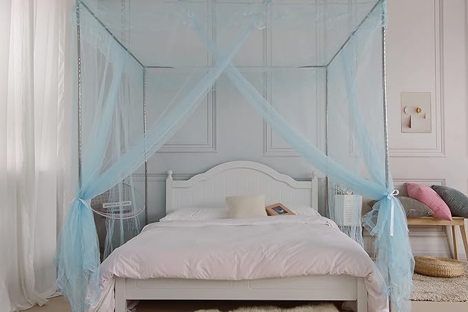 Bed Canopy, Princess Bed Curtain Net for Girls & Adults, Three-Doors Rectangular Lace Dome Netting (Blue, King)