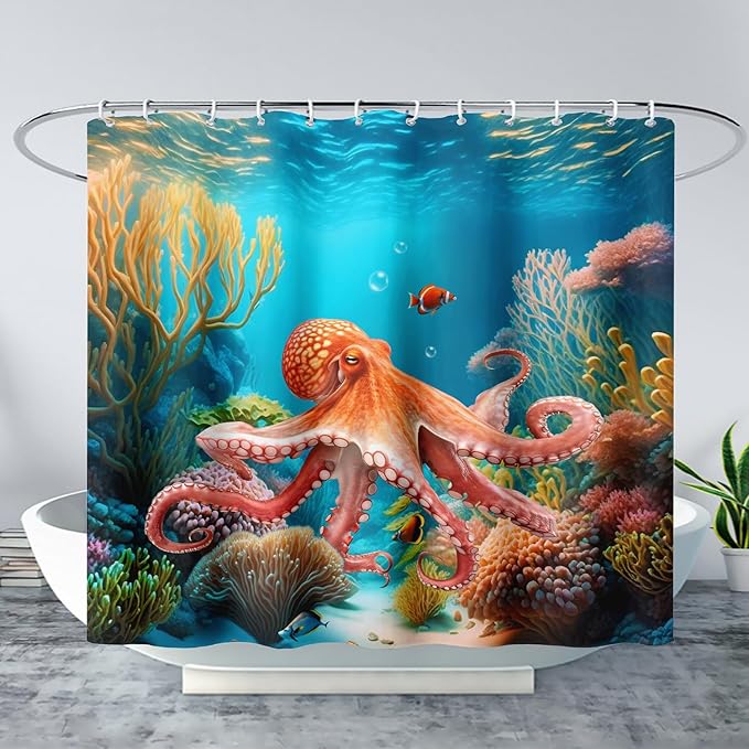 AILONEN Kawaii Octopus Shower Curtain,3D Octopus Turquoise Themed Bath Curtain Cloth Fabric Bathroom 72" W*78" H Inch,12 Pack Hooks for Kids Child,Boho Mandala Ocean Theme Bathroom Curtain