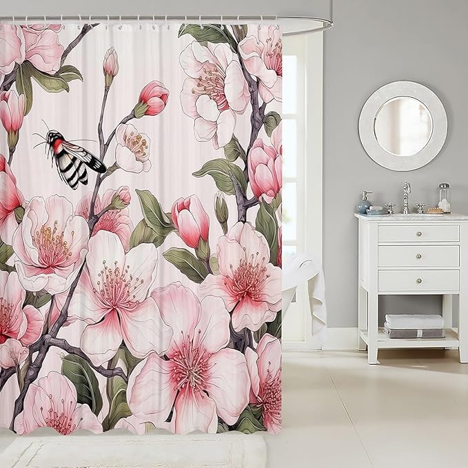 Feelyou Peach Blossom Fabric Shower Curtain for Kids Boys Girls Flower Floral Bathroom Waterproof Accessories with 12 Hooks Pink Shower Curtain Honey Curtains,72x72 Inches