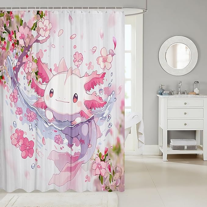Feelyou Boys Girls Cute Axolotl Bathroom Shower Curtain Set Ocean Sealife Bath Curtain Kawaii Shower Curtain Kids Cartoon Salamander Teens Bathroom Accessories Room Decor 72"x72"