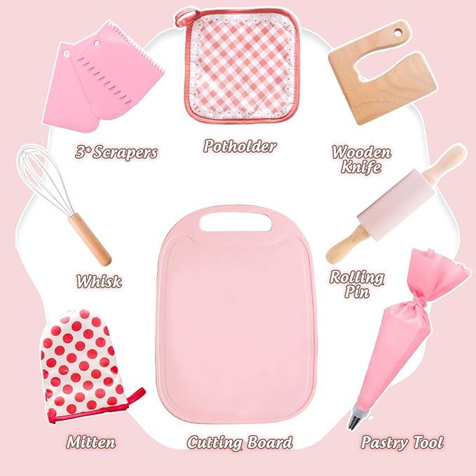 OESSUF Kids Baking Sets for Girls, Cooking Sets 38PCS Real Chef Easy Bake Toddler Montessori Kitchen Tools with Apron, Knife, Cutting Board, Little Girls Dress Up Gift