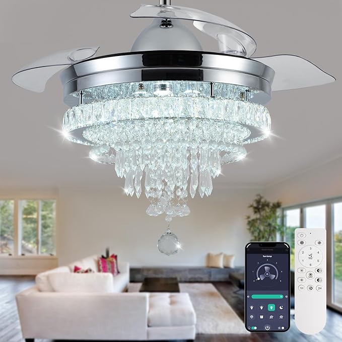 LEONTYNE 42" Modern Fandeliers Chandelier Ceiling Fan LED Dimmable Crystal Ceiling Fan with Light and Remote 6 Speed 3 Blades Retractable Fans for Bedroom Living Dining Room