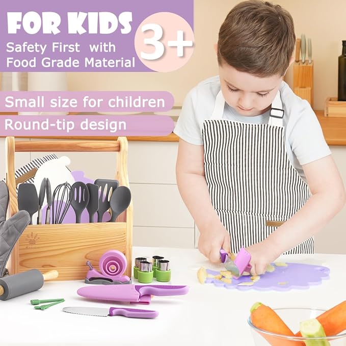 Kids Cooking and Baking Sets Real 23PCS, Toddler Chef Knife Set with Cutting Board and Peeler, BPA-free, Food Grade Child Safe Kitchen Tool for Meal Prep (Purple)