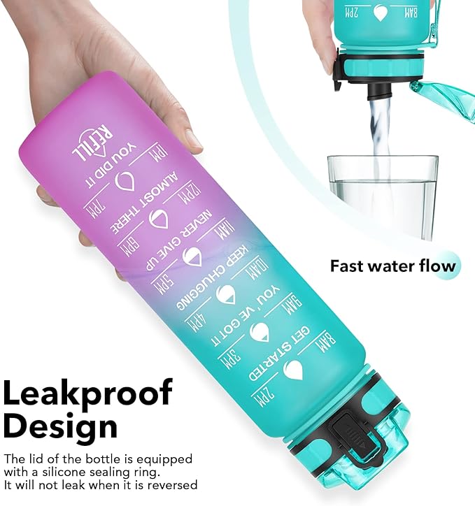 32oz Motivational Water Bottle with Time Marker & Fruit Strainer, Leak-proof BPA Free Non-Toxic 1l Bottle with Carrying Strap, Perfect for Fitness, Gym and Outdoor Sports (Ombre: Mermaid)