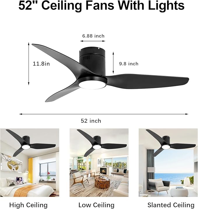 Black Ceiling Fan with Light Remote 52in 6Speed Silent Reversible Motor 3CCT Dimmable LED Flush Mount Low Profile Fan Timer Memory Function Modern Plastic Blade Vacation Mode Indoor Outdoor