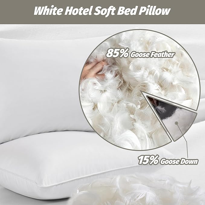Goose Down Feather Pillows, Soft Bed Pillows Standard Size Set of 2, 100% Soft Cotton Shell, Bedding Pillow for Back, Stomach or Side Sleepers