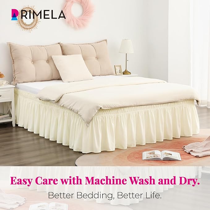 RIMELA Bed Skirt King Size 12 Inch Drop, Wrap Around Elastic Bedskirt Solid Microfiber Luxury Hotel Quality Fabric, Easy to Install Machine Washable Wrinkle & Fade Resistant, Cream