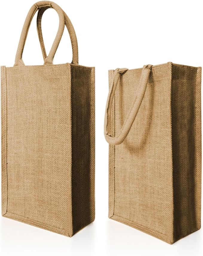 2Pack Jute Burlap Double Bottle Wine Tote Bags with Soft Cotton Handles Reusable for Wedding, Parties,Birthdays