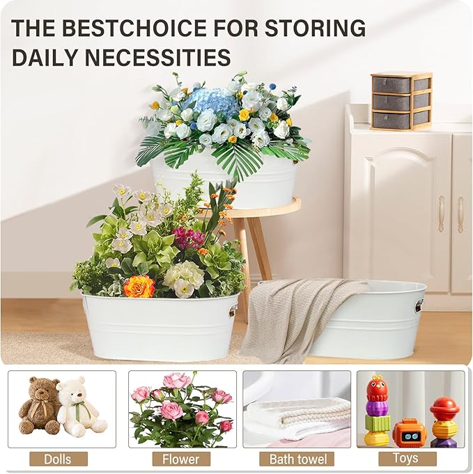 3 Pcs Galvanized Tub 3 Gallon Ice Bucket Large Metal Bucket for Parties Beverage Tub with Handles for Champagne Cocktails Wine Cooling for Mimosa Bar Supplies (White)