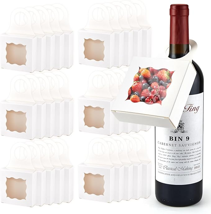 30pcs Wine Bottle Box with Window, Card Paper Hanging Box Foldable Decor Wine Bottle Hanging Favor Boxes Gift Boxes for Holding Party Birthday Candy Truffles Chocolate Cookies