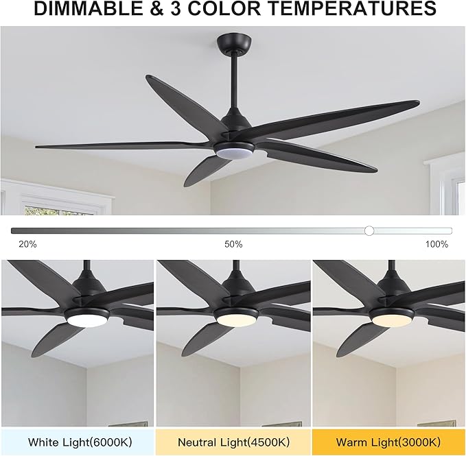 64 Inch Modern Ceiling Fan with Lights and Remote, 5 Wood Blades, 6-Speed Noiseless Reversible DC Motor with Replaceable Downrods for Bedroom Living Room Dining Room, Black