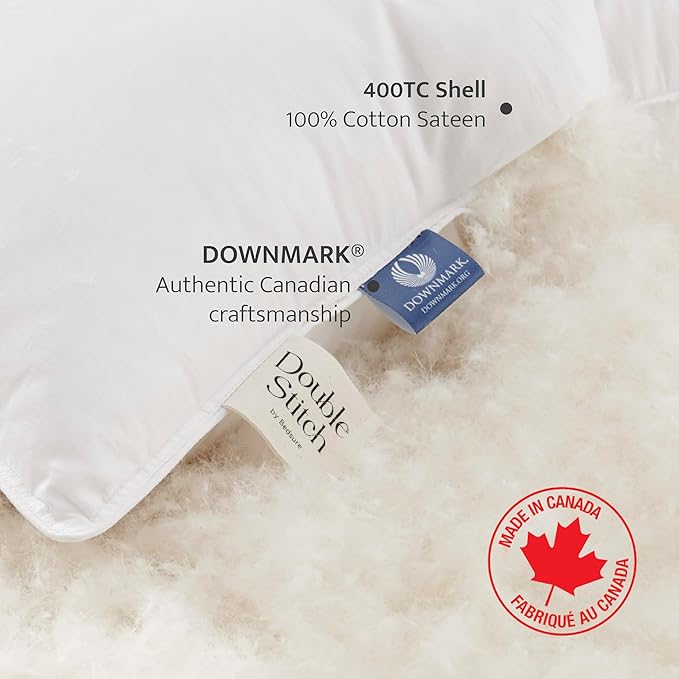 Double Stitch Luxury US White Down Pillow - Made in Canada, 400 Thread Count 100% Cotton Shell, Firm 700 Fill Power Down Bed Pillow, Soft Sleeping Pillow 3-Chamber, Queen(20" x 30")