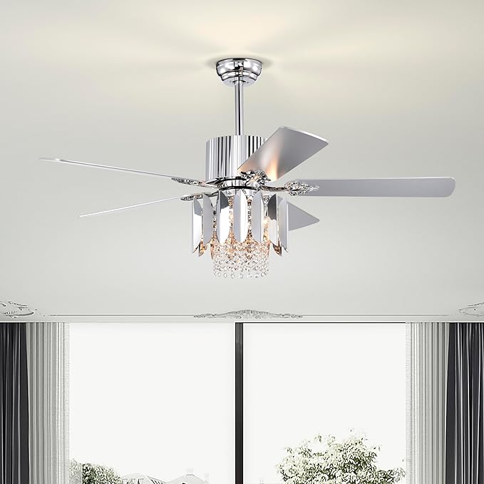 NicBex Ceiling Fan 52 Inch Ceiling Fan with Lights Ceiling Fans with 5 Reversible Blades and Remote Control Ceiling Fan with Crystal Lamp Shade for Bedroom, Living Room, Silver