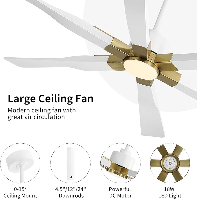 78 Inch Ceiling Fan with Lights and Remote Control, 6 Reversible ABS Blades, 6-Speed Noiseless DC Motor with 4.5" / 12" / 24" Downrods for Bedroom Dining Living Room, Gold and White