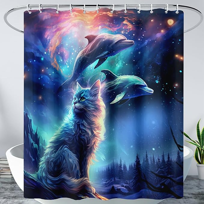 AILONEN 3D Kawaii Cat Shower Curtain Set,Cat Lovers Animal Waterproof Fabric Bath Curtain for Kids Girls,Jumping Dolphin Shower Curtain,Starry Night Shower Curtains for Bathroom Decor, 72" W*72" H