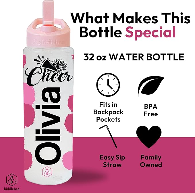 32oz Cheerleader Water Bottle with Straw Lid | BPA-Free Reusable Bottles for Cheerleaders, Cheer Team or Cheerleading Coach | Great Gifts for Girls, Coaches (Custom Cheer)