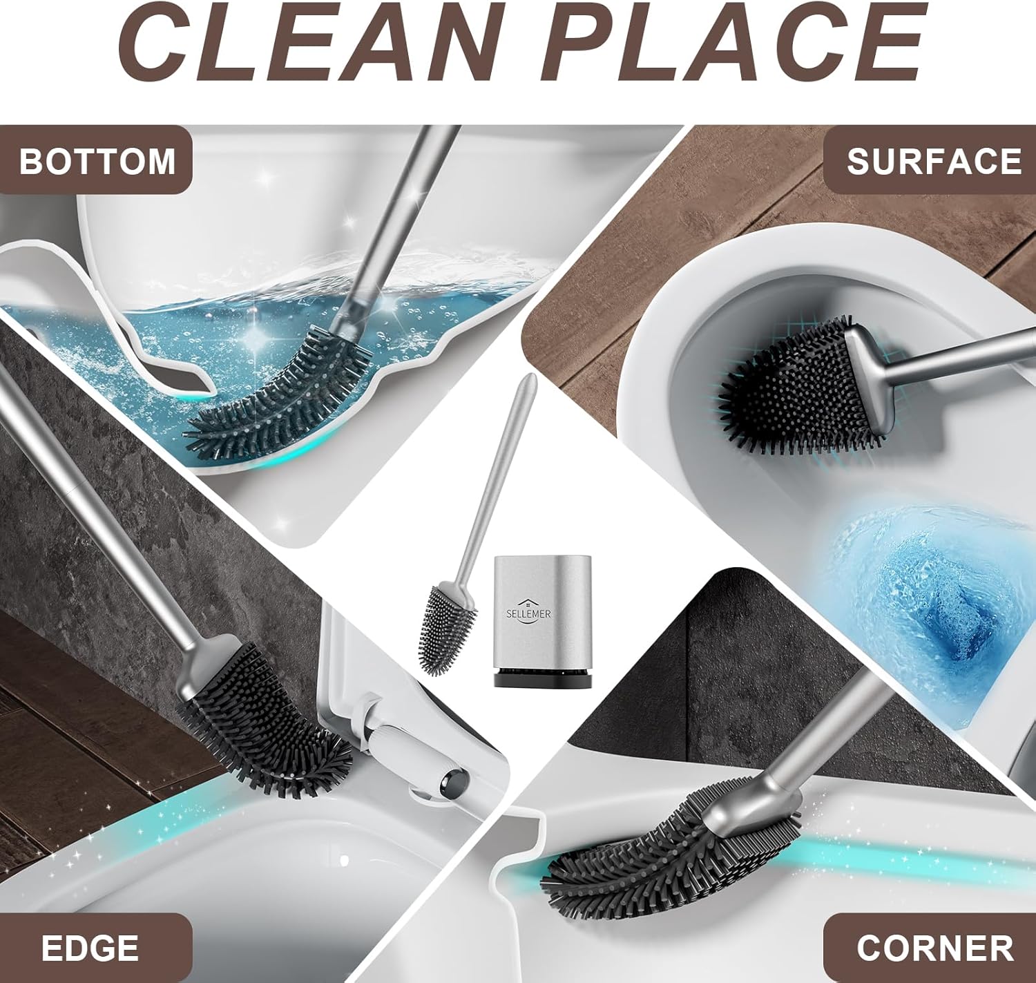 Sellemer Toilet Brush and Holder Set - Flexible Toilet Bowl Brush Head with Silicone Bristles, Compact Size for Storage and Organization, Ventilation Slots Base (1 Pack, Silver)