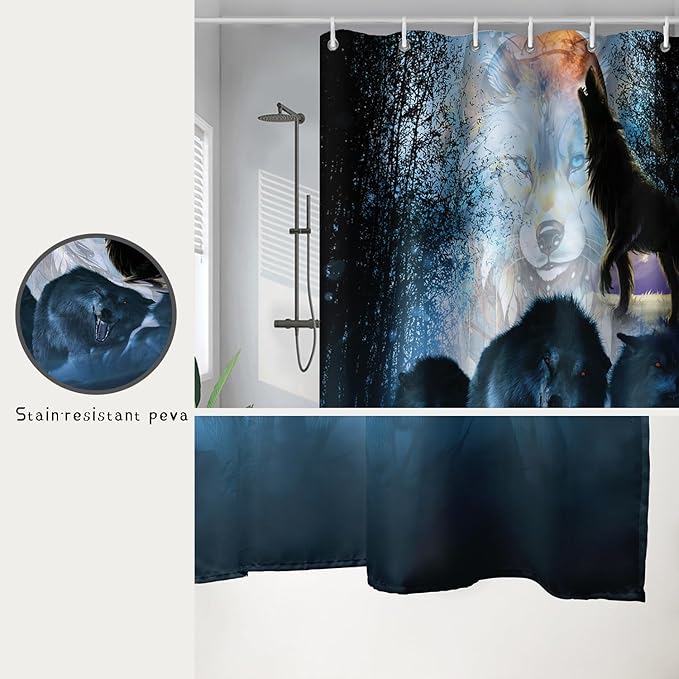 AILONEN Boys Wolf Shower Curtain for Bathroom Decor,3D Howling Wolf Ferocious Wolf Wildlife Decor Bath Curtain 72" W*84" H Polyester Fabric Waterproof Bathroom Curtain with 12 Hooks