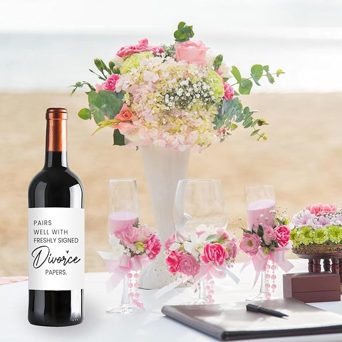 24 Pcs Divorce Wine Labels, Divorce Breakup Gifts for Women Men Her, Divorce Party Decorations for Women, Pairs Well With Freshly Signed Divorce Papers Wine Bottle Stickers Labels