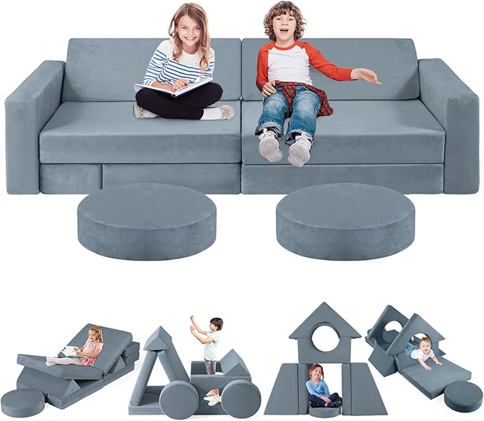 2024 New Modular Kids Play Couch, 12pcs Toddler Sofa Couch Building Fort, Versatile 300+DIY Creativing Playroom Bedroom Furniture for Toddlers. Convertible Kids Sofa and Cushion for Boys and Girls